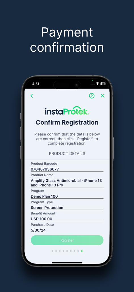 A mobile screen showing registration confirmation for a screen protection plan in the instaProtek app