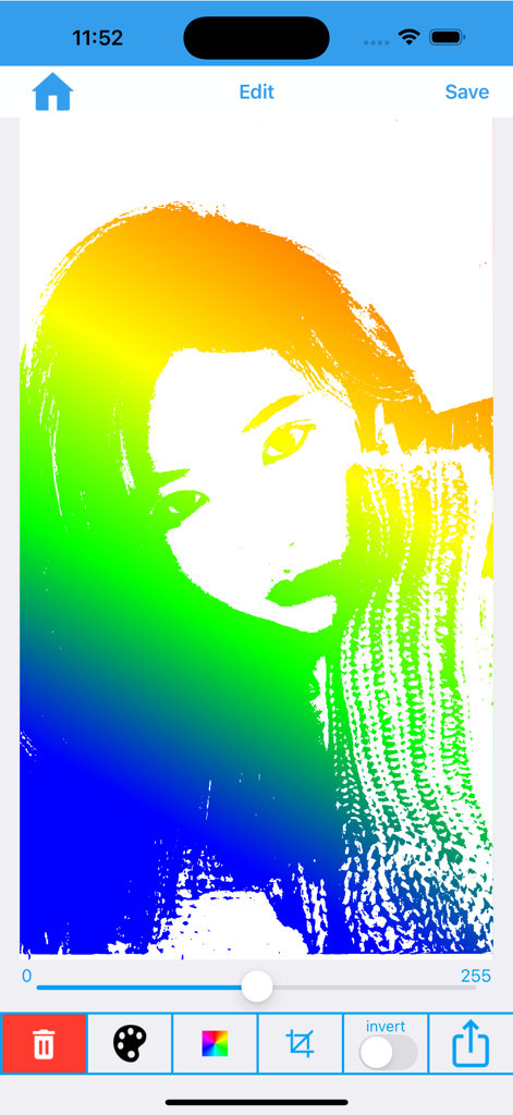 Fx Stencil - Fx Stencil app interface showing a person's face converted into a colorful gradient stencil with editing tools