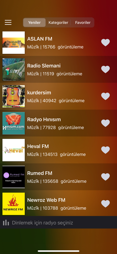 Kürtçe Radyo - Radyoyê Kurdî - A list of Kurdish radio stations on the Radyoye Kurdi app interface including ASLAN FM and Radio Slemani.