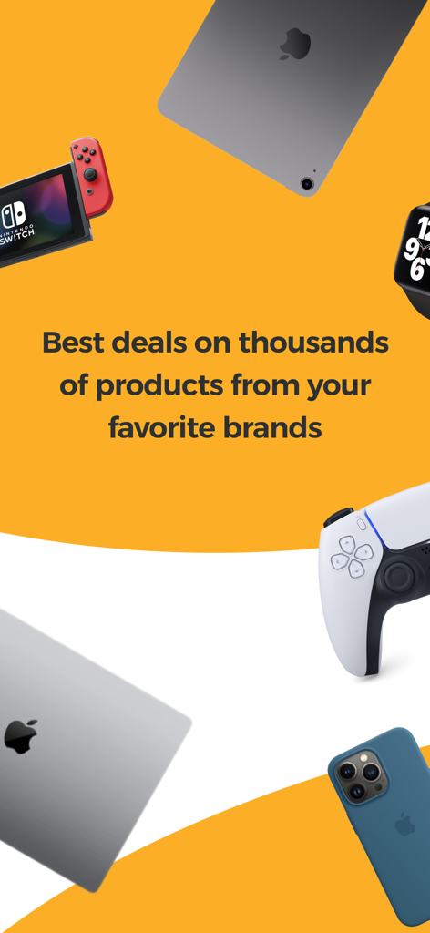 Starlink Qatar - A variety of electronics including an iPhone, MacBook, and gaming consoles on a yellow and white background with promotional text about the best deals.