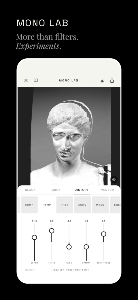 Mono Lab - A black and white photo of a classical bust being edited with distortion sliders in the Mono Lab app.