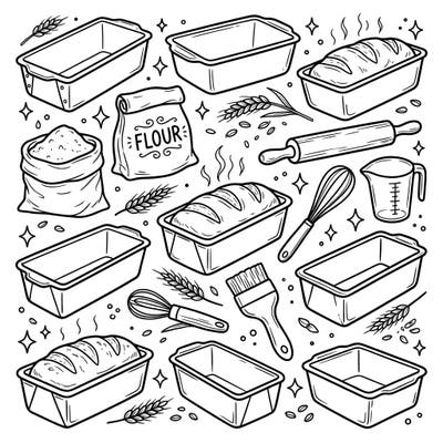 Step into a cozy kitchen with this charming coloring page, celebrating the art of baking with various loaf and bread pans. It's a delightful scene filled with all the essentials for creating delicious homemade bread and treats.