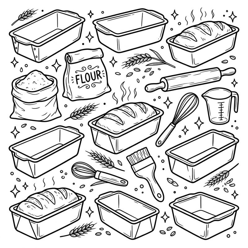 Step into a cozy kitchen with this charming coloring page, celebrating the art of baking with various loaf and bread pans. It's a delightful scene filled with all the essentials for creating delicious homemade bread and treats.