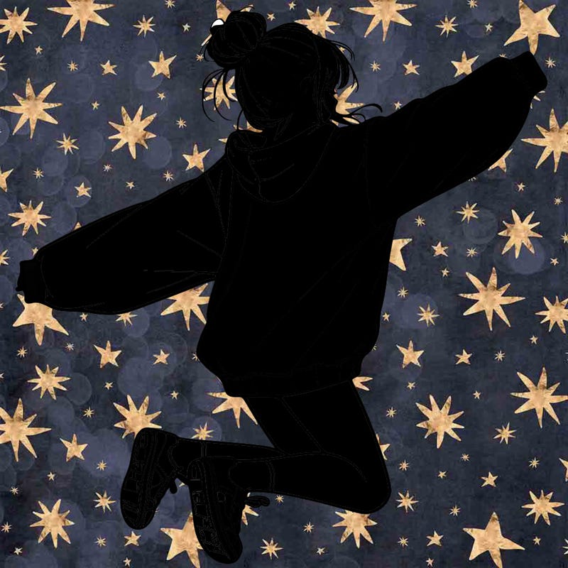realistic girl jumping with a bun and oversized sweatshirt