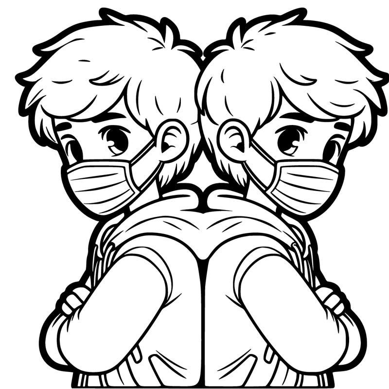 two boys back to back with masks on and a hoodie
