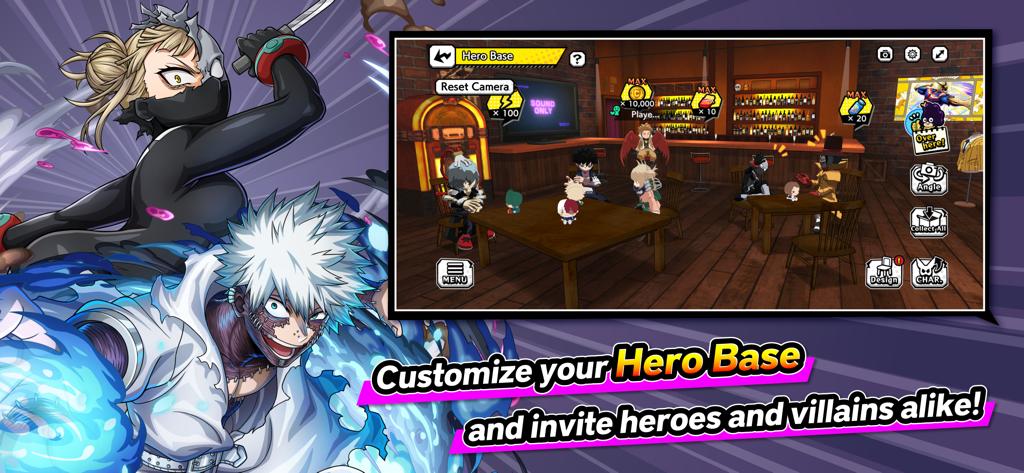 MY HERO ULTRA IMPACT - Una captura de pantalla que muestra la función personalizable de Base de Héroes en MY HERO ULTRA IMPACT con héroes y villanos chibi en un entorno de bar