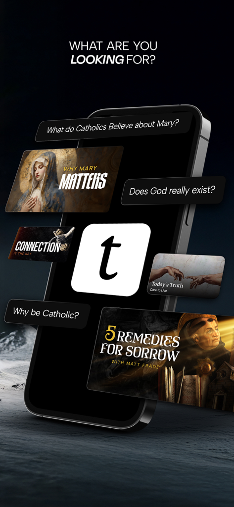 Truthly: Catholic AI - Un smartphone que muestra la aplicación Truthly con preguntas sobre la fe católica y fichas educativas religiosas