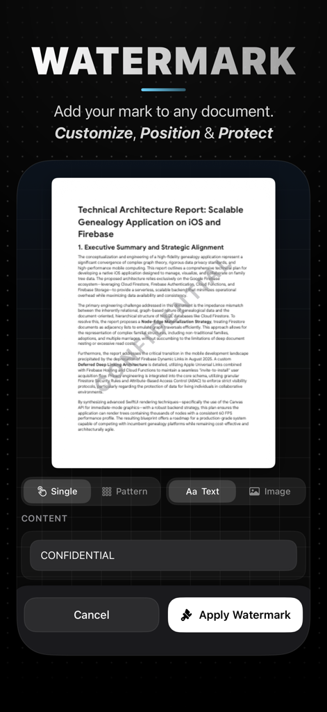 PDFWelder – PDF Merger - PDFWelderアプリのインターフェイスには、文書に機密透かしを追加する方法が表示されています