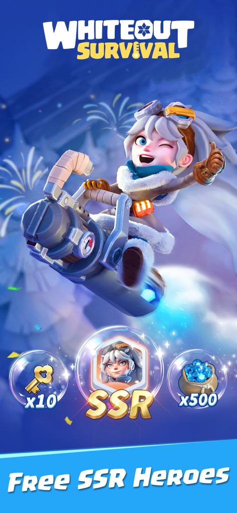 Whiteout Survival game character Molly on a snow vehicle promoting free SSR heroes and rewards
