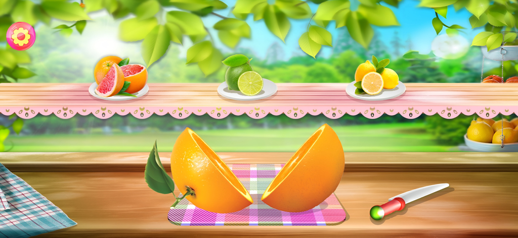 Juice Maker - Summer Drinks - An orange cut in half on a cutting board with a knife in the Juice Maker mobile game kitchen