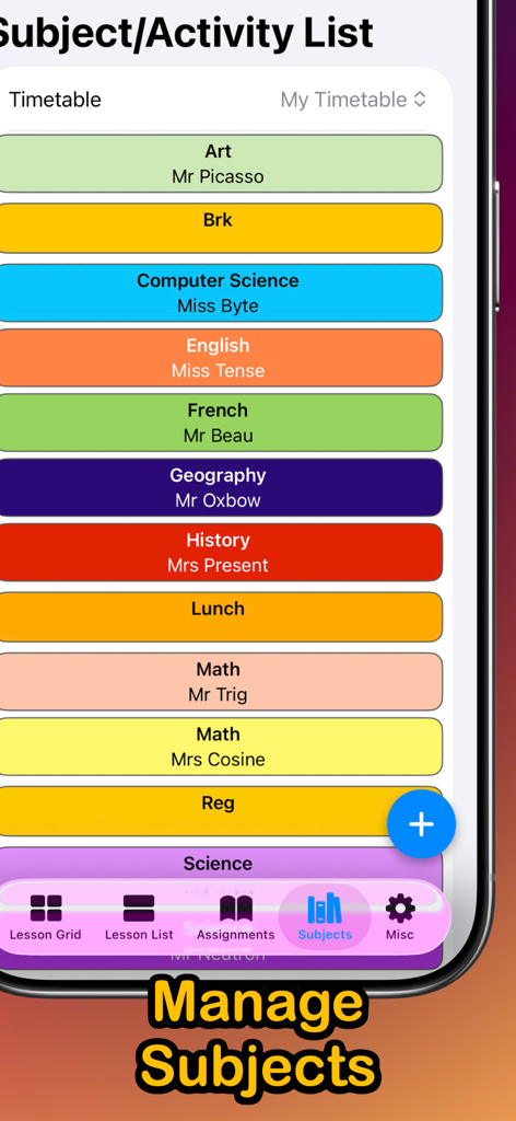 School Timetable Pro Schedule - Colorful list of school subjects and teachers in the School Timetable Pro app