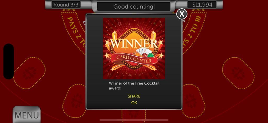 Card Counter Liteの勝利者アワード画面。無料カクテルアワードが表示されている。