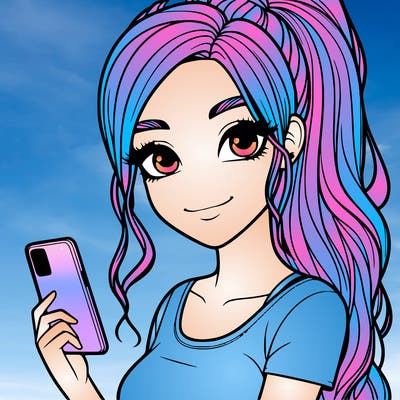 realistic girl with a ponytail and a phone