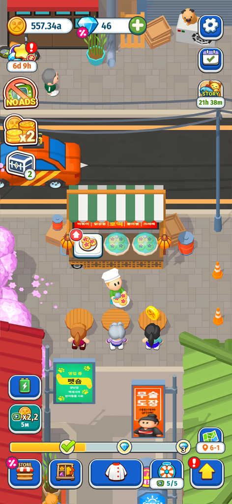 Foodventure Inc: Idle Tycoon - Uno chef serve clienti a uno stand di street food nel gioco Foodventure Inc