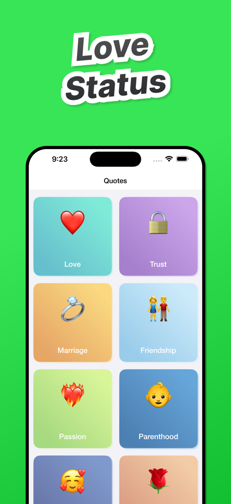Save Status for WA +WASticker - Mobile app interface displaying quote categories for love, trust, marriage, and friendship.