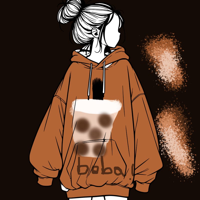 realistic girl with a oversized sweatshirt on and a bun