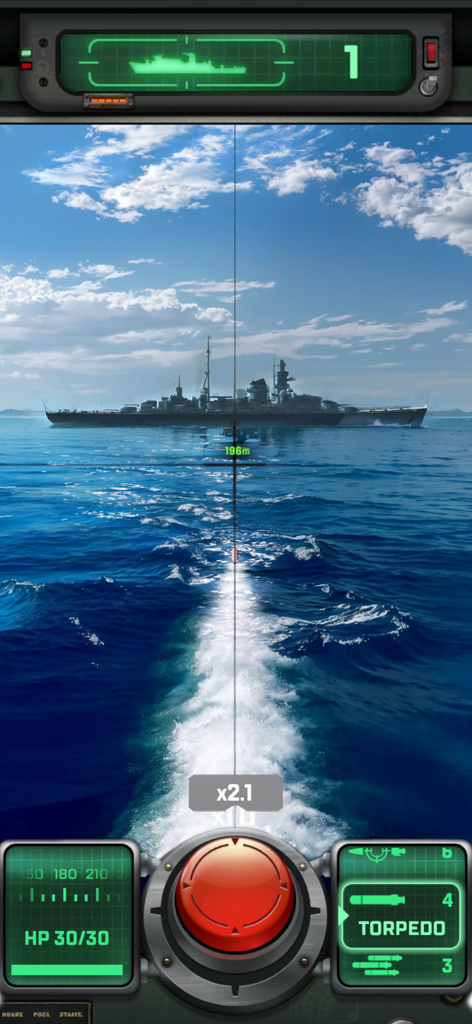 Sea War: Raid - First person view from a submarine targeting a naval ship with a torpedo in Sea War Raid