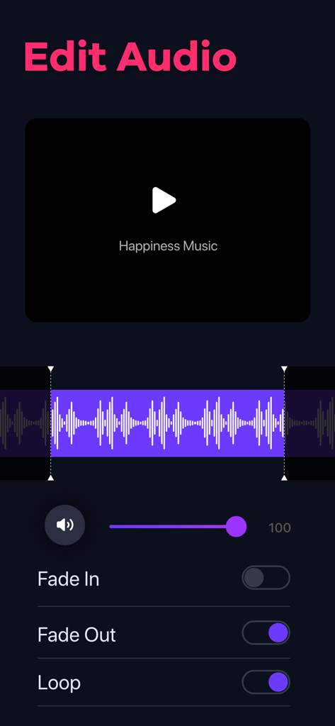 Video Editor: Make Music Video - A mobile app screen for editing audio with waveform trimming volume slider and fade in fade out options