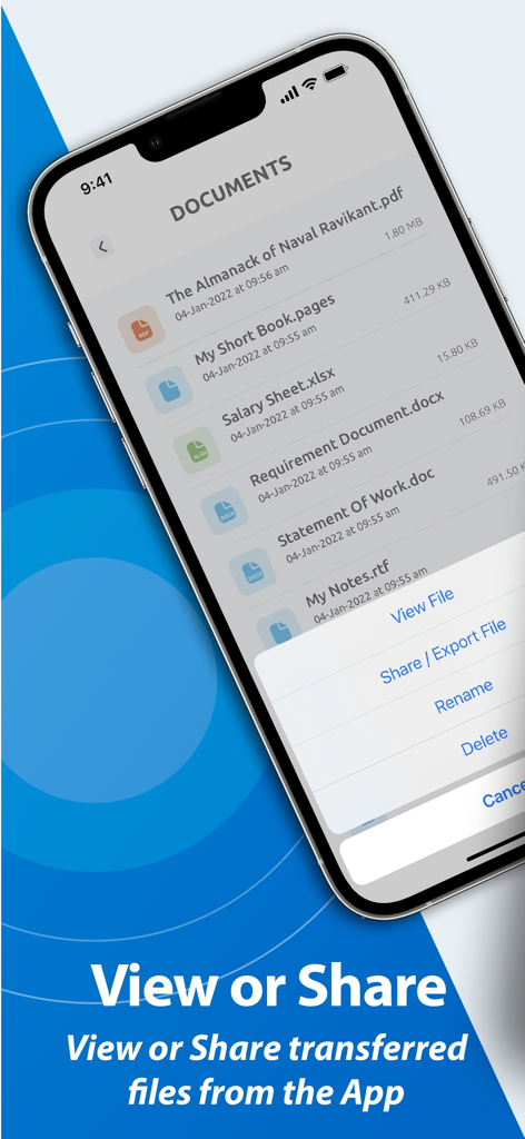 Air Share Wifi File Transfer - Pantalla de iPhone de la aplicación Air Share mostrando una lista de documentos y un menú para ver o compartir archivos