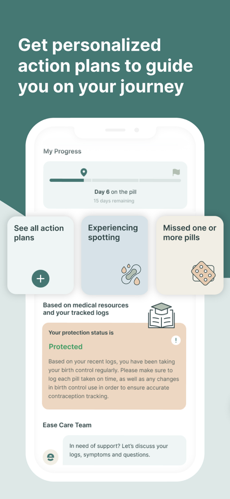 Ease: Birth Control Reminder - Ease mobile app dashboard showing birth control tracking progress, protection status, and personalized action plans for symptoms or missed pills.