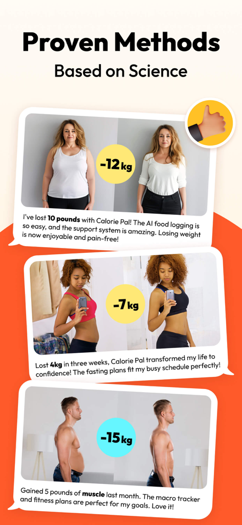Calorie Pal - Macro Tracker - Three before and after weight loss photos showing user success stories with the Calorie Pal app.