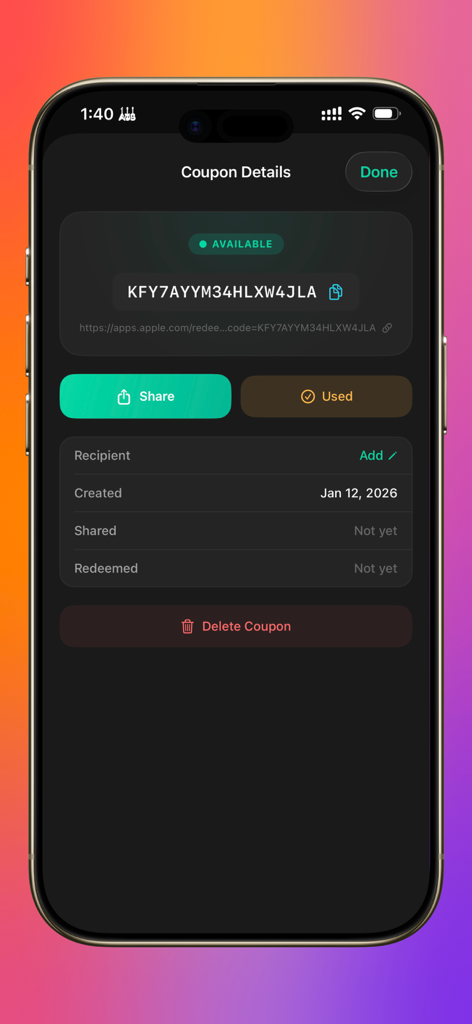 Screenshot of the Coupon Details screen showing an available App Store promo code with tracking and sharing options