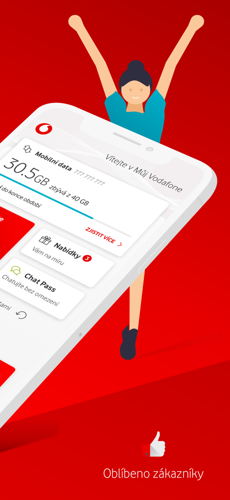 Smartphone screen showing Můj Vodafone app with data usage tracking and special offers.