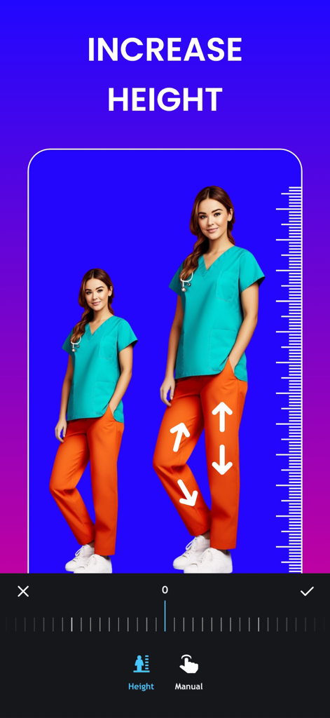 Body Tune - Beauty Face Editor - Una captura de pantalla de la app Body Tune mostrando la herramienta de aumento de altura con una comparación antes y después de una mujer en uniforme médico.