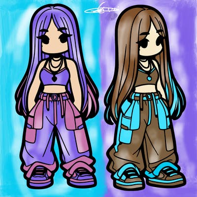 girl in baggy pants crop top and long hair