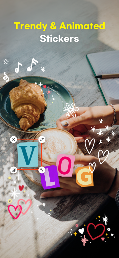 VDIT - Video Maker & Editor - Aesthetic vlog video editing showing trendy animated stickers like hearts and musical notes over a lifestyle scene.