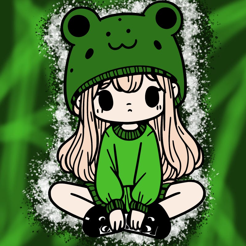 a girl wearing a frog hat and some frog socks