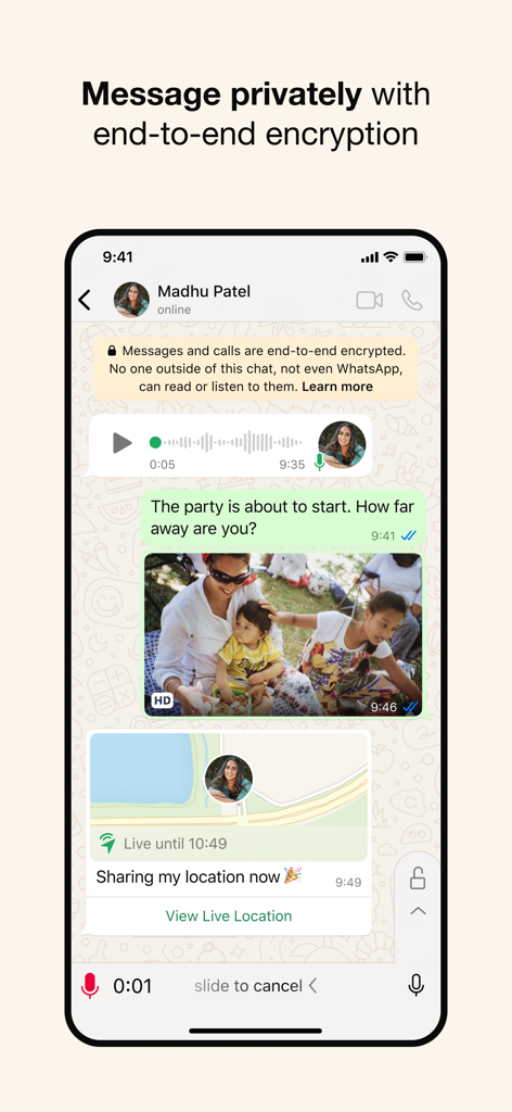 WhatsApp Messenger private chat interface with end-to-end encryption