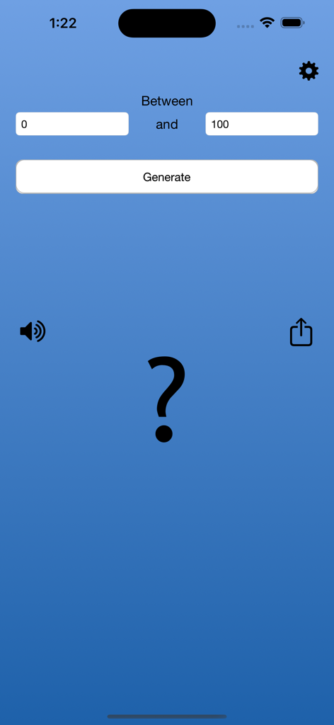 The Random Number Generator - Uma captura de tela da tela principal do aplicativo The Random Number Generator com uma interface minimalista azul com campos de entrada de intervalo e um botão de gerar.