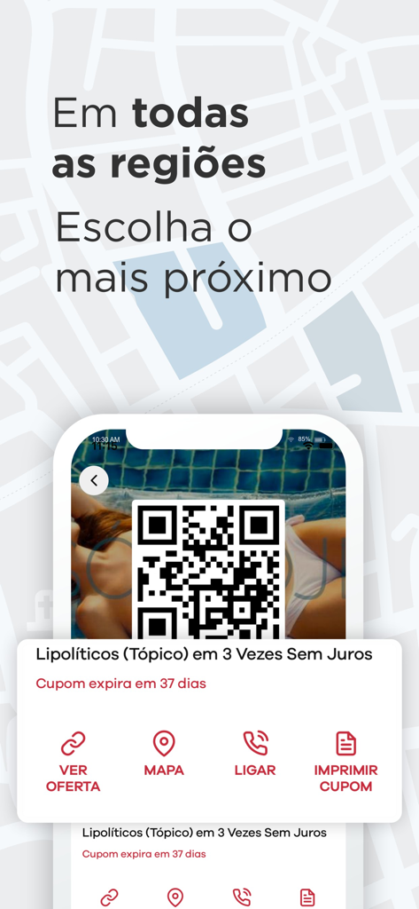 Tela do aplicativo mostrando uma oferta de tratamento de beleza com código QR e opções de serviço local