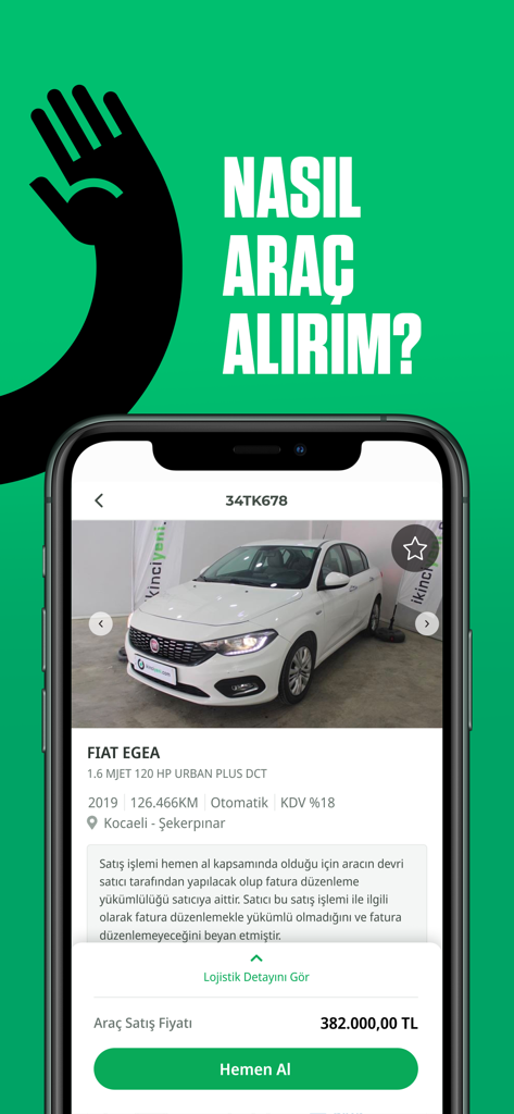 ikinciyeni.com - Annonce Fiat Egea sur l'application ikinciyeni avec le bouton acheter maintenant.