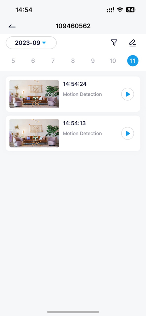 Yes iHome - A list of motion detection events in the Yes iHome app showing thumbnails and timestamps for home security recordings.