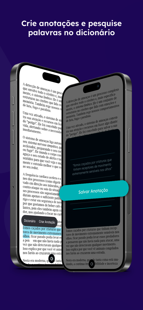 Aya Books: audiolivros, livros - Pantalla de smartphone de la aplicación Aya Books resaltando texto para notas y búsqueda en el diccionario.