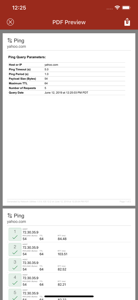 Network Utilities & Analyzer - PDF preview of a detailed network ping test report within the Network Utilities and Analyzer mobile application