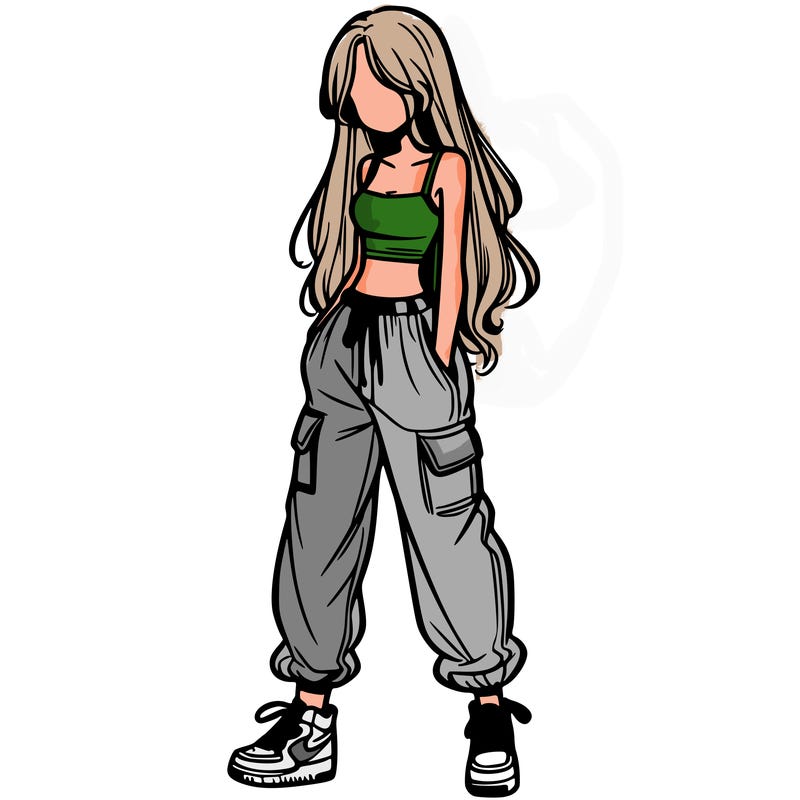girl in baggy pants crop top and long hair