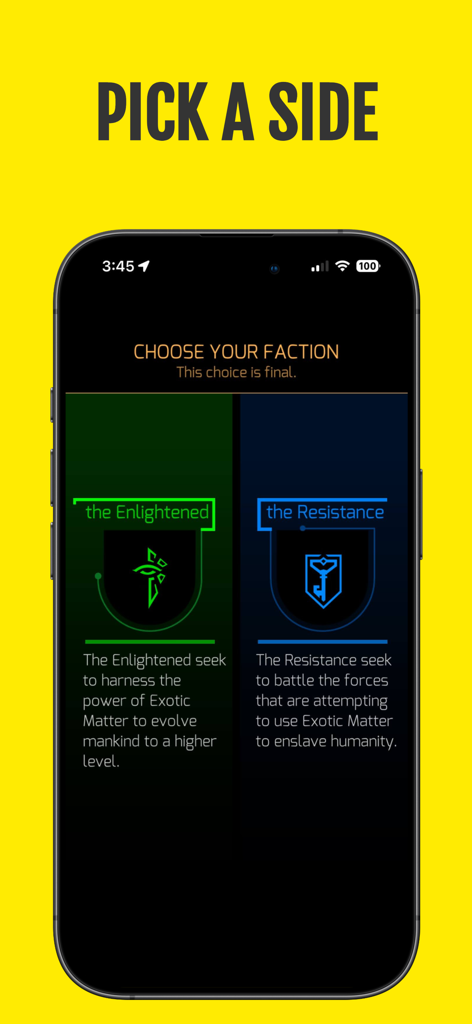Ingress - Ingress-App-Oberfläche zur Auswahl zwischen den Fraktionen Enlightened und Resistance