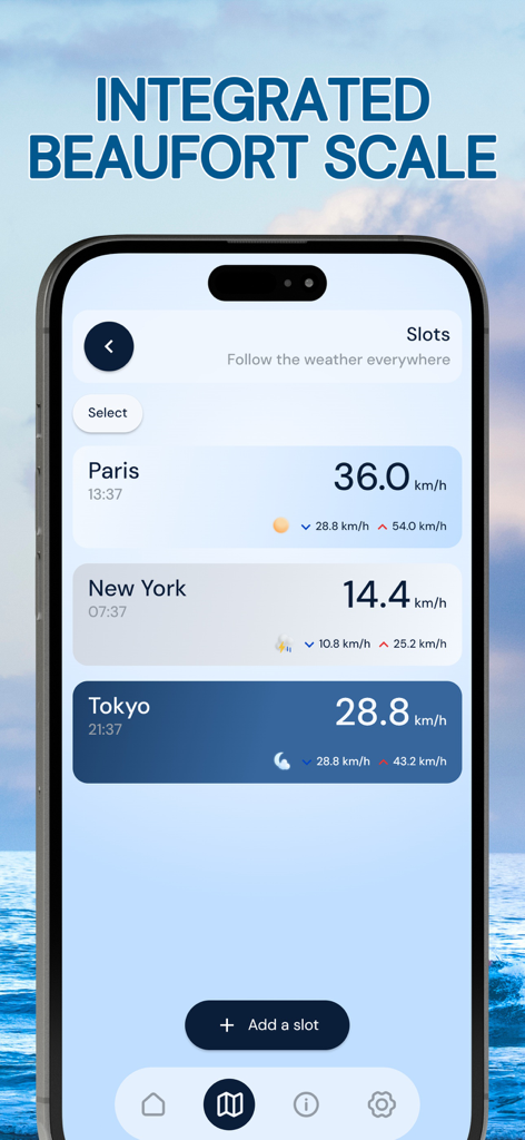 Aplicativo Wind Radar exibindo medições de velocidade do vento para Paris, Nova York e Tóquio com escala Beaufort integrada.
