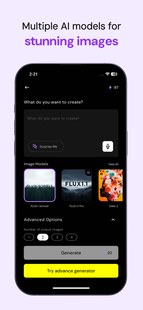 Merlin AI: AI Chat Assistant - Merlin AI app screen showing image generation options with multiple AI models like FLUX and Dalle 2.