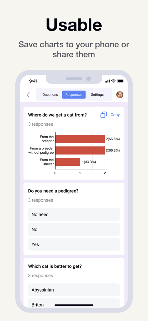 Eine mobile App-Oberfläche, die ein Balkendiagramm von Umfrageantworten mit Optionen zum Speichern oder Teilen von Analysen zeigt.