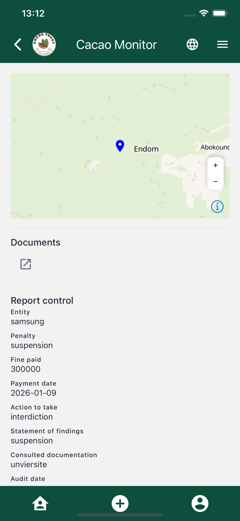 Cocoa Monitor - Vista del panel de la aplicación Cocoa Monitor mostrando un mapa y detalles del informe, incluyendo datos de sanciones y multas.