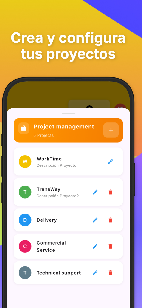WorkTime: Hours Tracker Log - Una pantalla móvil que muestra la interfaz de gestión de proyectos de la aplicación WorkTime con varios proyectos de trabajo categorizados