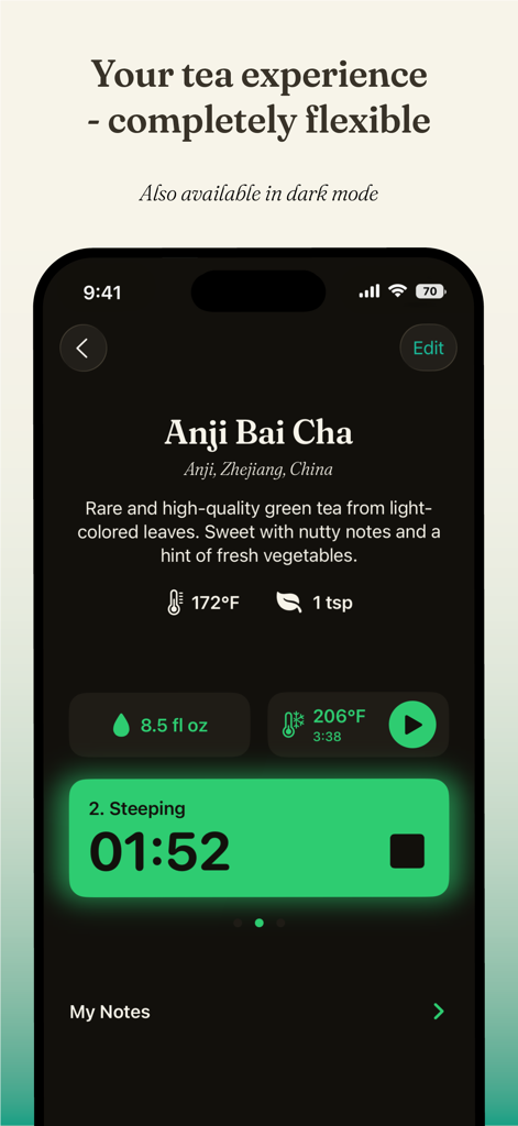 Tea Me - Tea Timer - Interface do aplicativo Tea Me em modo escuro mostrando um temporizador de infusão de chá e instruções de preparo para Anji Bai Cha