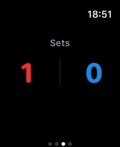 Interfaz de la aplicación Tennis Point en Apple Watch mostrando un marcador de sets de partido de uno a cero