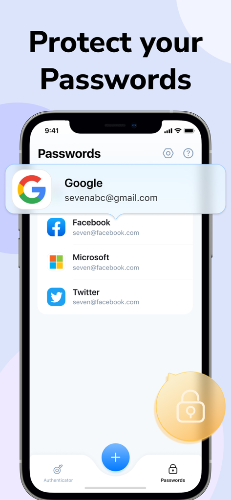 Authenticator © - Pantalla de iPhone que muestra la función de gestor de contraseñas de la aplicación Authenticator con una lista de cuentas que incluyen Google y Facebook