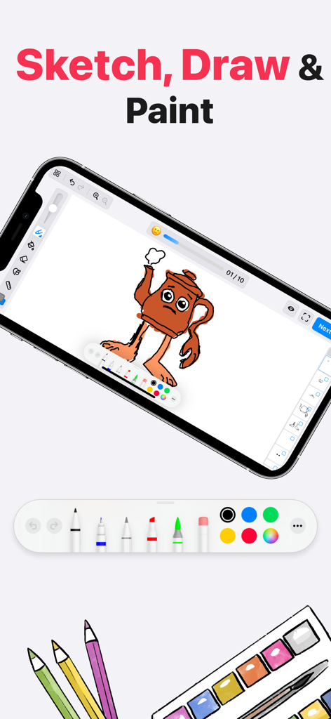 Oberfläche der ArtLoop-Zeichen-App, die zeigt, wie ein Cartoon-Charakter mit digitalen Werkzeugen skizziert und eingefärbt wird