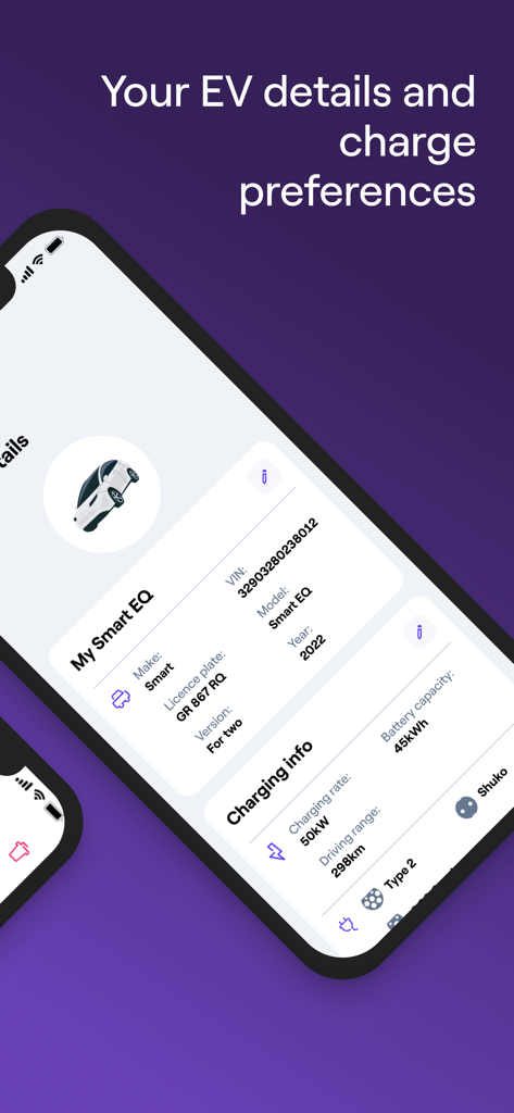 Schermata dell'app Enel X Way che visualizza le specifiche tecniche del veicolo elettrico e i dettagli di ricarica